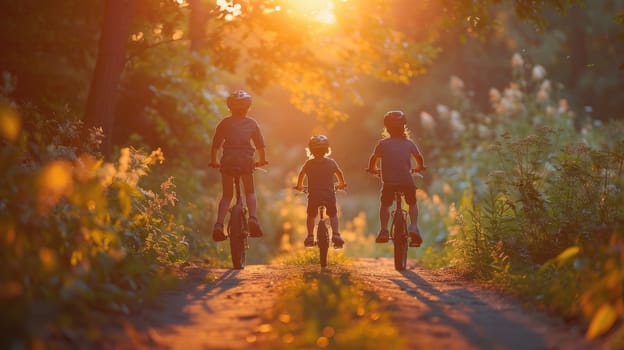 Family Fun on Bikes: Joyful Summer Ride at Sunset with Parents and Children on Scenic Trail Filled with Love and Togetherness..