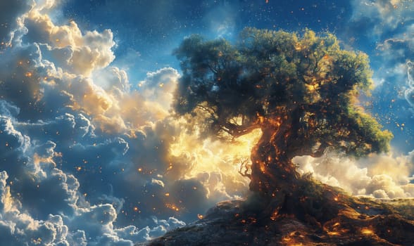 A tree stands tall on a hill, surrounded by swirling clouds.