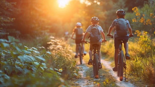 Family Fun: Parents and Children Cycling at Sunset for Summer Bonding..