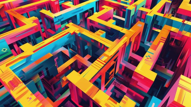 abstract maze. colorful, optimistic, bold brutalist futuristic trippy contrasting color pallette graffiti influenced style --ar 16:9 Job ID: 40f826ca-f322-4d63-9c78-0b309b943ccc
