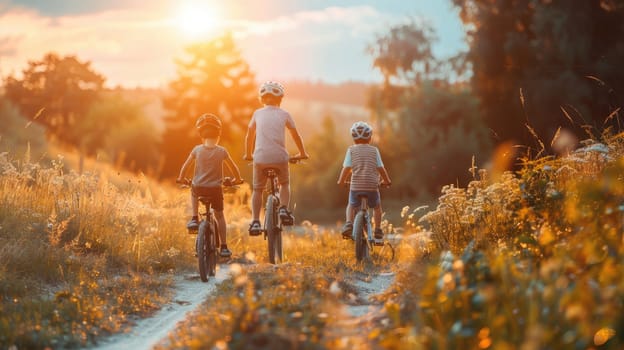 Family Cycling Adventure at Sunset - Enjoying Quality Time Together on Scenic Trail..