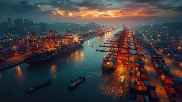 A busy cargo port with cranes loading shipping containers onto a large freight ship, symbolizing global logistics and economic activity. --ar 16:9 --stylize 250 Job ID: 725f8b86-8a35-45d4-b5d1-cbd200373a7b