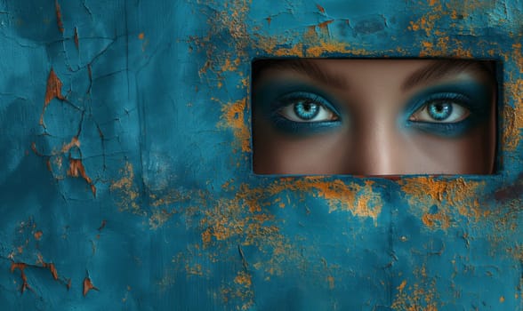 Womans face visible through hole in blue wall.