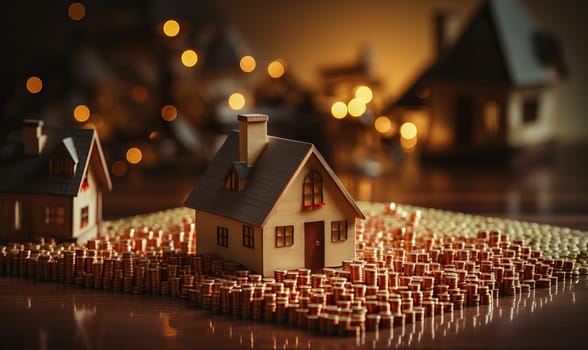 A group of small houses placed on top of a table.