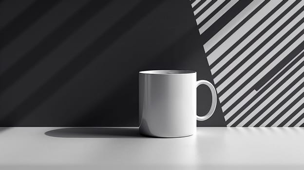 A modern mug placed on a smooth, monochrome surface with a geometric pattern backdrop, showcasing minimal style and clean lines.