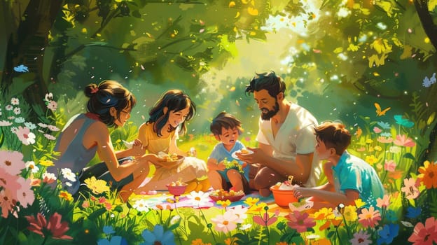 A family having a picnic in a lush park, with parents and children laughing and sharing food on a colorful blanket, surrounded by blooming flowers and green trees..
