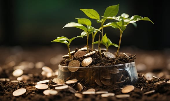 Small pot filled with coins, plant growing out of it.