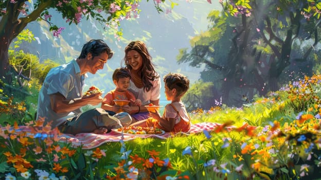 A family having a picnic in a lush park, with parents and children laughing and sharing food on a colorful blanket, surrounded by blooming flowers and green trees..