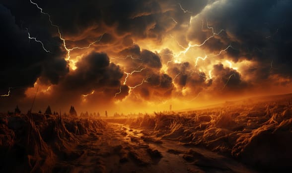 Painting depicting a lightning storm raging over a desert landscape.
