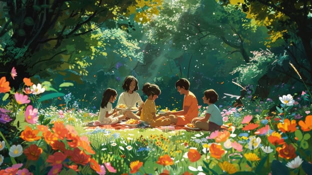 A family having a picnic in a lush park, with parents and children laughing and sharing food on a colorful blanket, surrounded by blooming flowers and green trees..