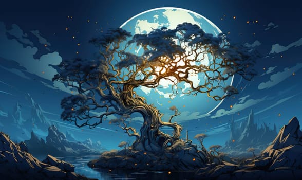 Silhouetted tree with full moon in the background at night.