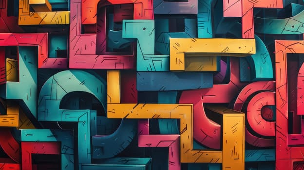 abstract maze. colorful, optimistic, bold brutalist futuristic trippy contrasting color pallette graffiti influenced style --ar 16:9 Job ID: a71c185c-efdf-4d0e-8bbb-18bb2aa8d2e9