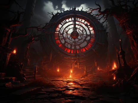 An eerie clock tower looms in a dark, torch-lit setting.