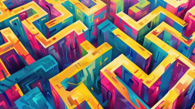 abstract maze. colorful, optimistic, bold brutalist futuristic trippy contrasting color pallette graffiti influenced style --ar 16:9 Job ID: affab913-f92c-41e2-92ac-1e22a8eaeb44