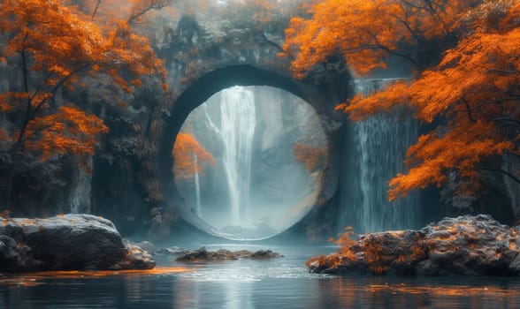 A painting showcasing a waterfall flowing gracefully within a dense forest setting.