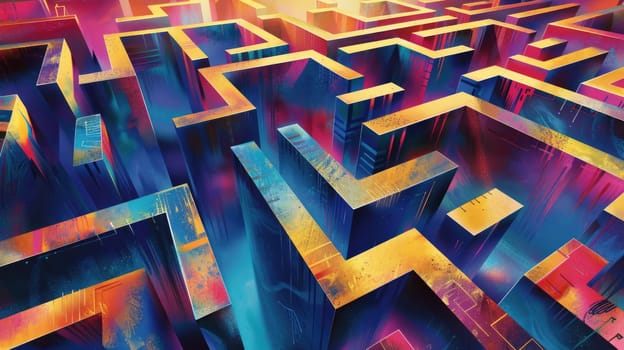 abstract maze. colorful, optimistic, bold brutalist futuristic trippy contrasting color pallette graffiti influenced style --ar 16:9 Job ID: f2871f6f-6acf-4669-b102-304a6d9198fc