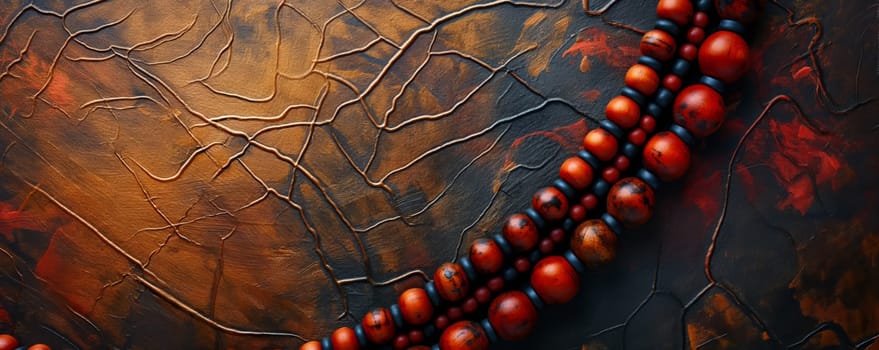 Close-up of red beads on an embossed backdrop.