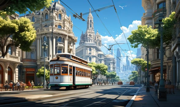 Painting of a trolley moving on a bustling city street.