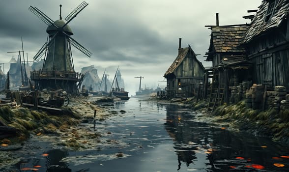 River with houses and a windmill.