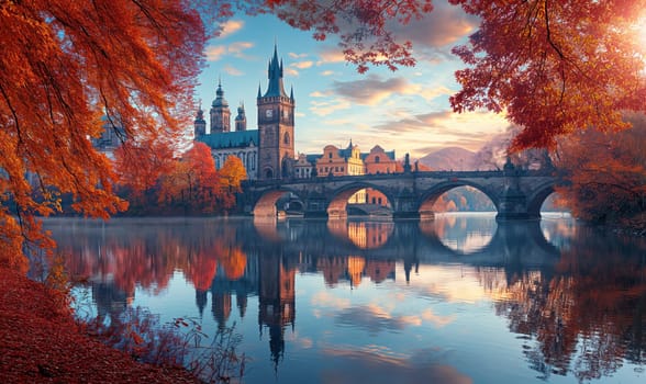 A bridge spanning a body of water with a castle backdrop.