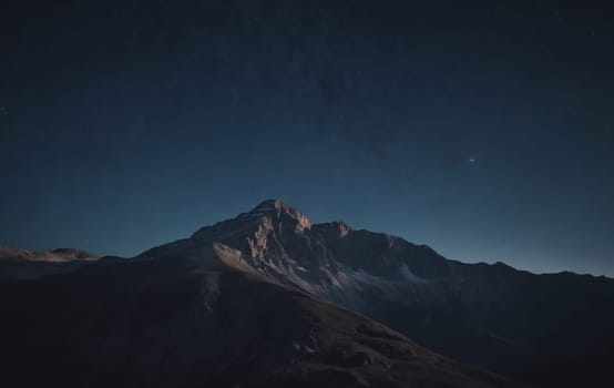 A snowcovered mountain under a starry sky, creating a picturesque natural landscape with a serene atmosphere and a beautiful horizon
