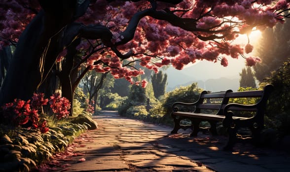 A park bench under a tree blooming with pink flowers.