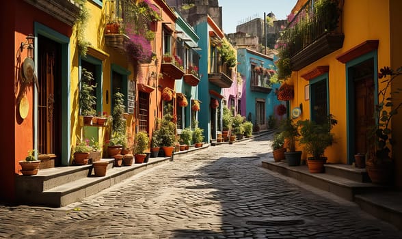 Brightly painted houses line a cobbled street.