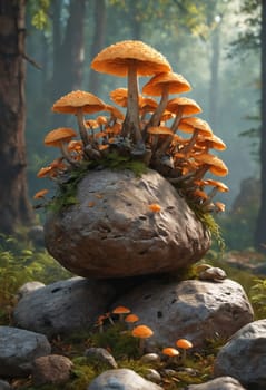 A diverse plant community thrives on a rock, with mushrooms serving as groundcover. This natural landscape showcases the adaptation of terrestrial plants in an artistic way