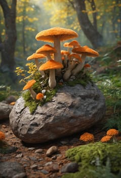 A cluster of edible mushrooms from the Agaricaceae family can be seen growing on a rock in the natural landscape, showcasing the symbiotic relationship between fungi and terrestrial plants