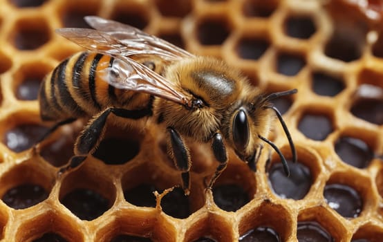 Close up of a pollinator bee on a honeycomb, a natural material made by terrestrial insects. The light shines on the arthropod organism in the wooden beehive