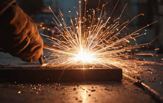 A dramatic closeup shot of a person welding, creating sparks that resemble fireworks. The electric blue light illuminates the darkness as the metal is heated