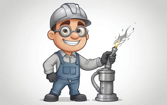 Illustration of a cartoon handyman with a gas burner on a white background.