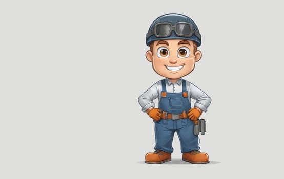 Cartoon construction worker with helmet and goggles, smiling with hand on hip. Detailed eye, arm gesture, and sleeve clothing in the artwork