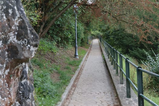 A narrow, cobblestone pathway lined with a metal railing and surrounded by lush greenery. The path is bordered by a large rock on one side and trees on the other, with a lamppost visible along the way.