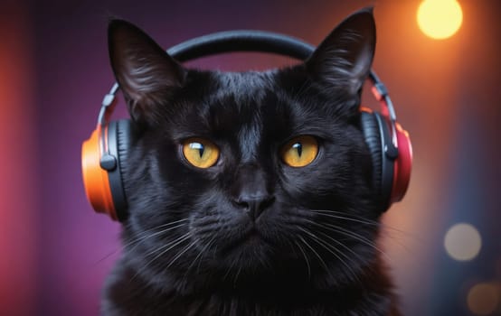 A close up of a Felidae with black hair and whiskers wearing headphones, showcasing its small to mediumsized cat features like its head and eyes