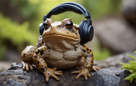 An amphibian organism, the frog, with headphones, is perched on a rock in its terrestrial habitat. Its adaptation allows it to thrive near grass and other terrestrial plants