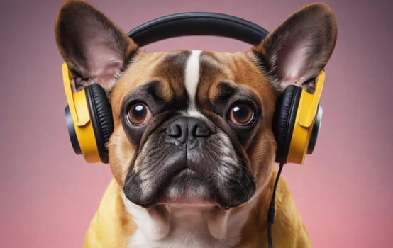 A fawn French Bulldog, a toy dog breed in the Canidae family, wearing headphones on a pink background. Known as a companion dog, its ears and snout stand out in this adorable event