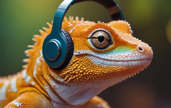 A scaled reptile, known as a lizard, is wearing headphones and smiling in a closeup photo capturing its terrestrial features through macro photography