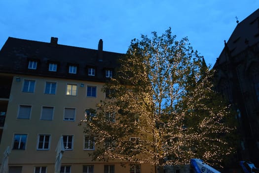 A large tree decorated with string lights in front of a building during the evening. The sky is slightly overcast, and the building has multiple windows and balconies. The scene has a festive atmosphere.