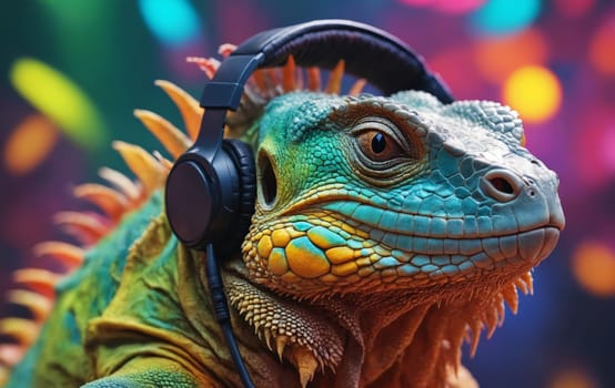A reptile, specifically a lizard, wearing headphones and staring at the camera in a closeup macro photography shot. This unique art captures wildlife in a terrestrial animal organism