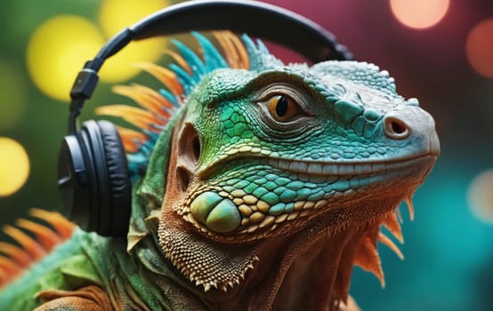 A scaled reptile from the Iguanidae family, resembling a dragon lizard, is enjoying music with headphones on its head, showcasing a unique blend of human and terrestrial animal behavior