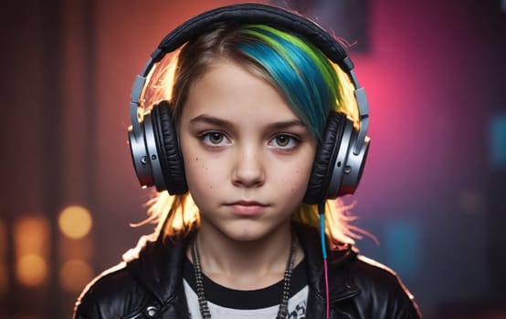 The young girl with a violet hair is seen wearing headphones. Her nose, eyebrows, eyelashes, ears, and jaw are prominent features. She looks cool with the audio equipment, avoiding flash photography