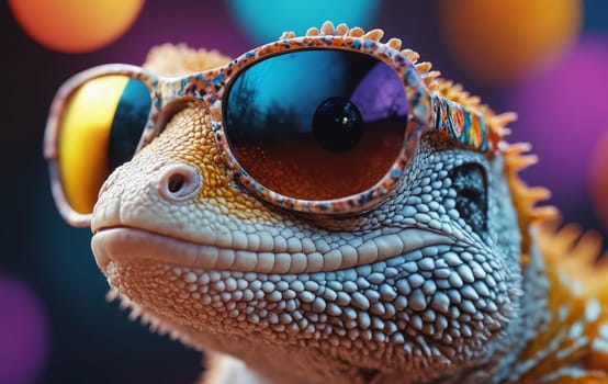 A closeup of a terrestrial animal, a scaled reptile, a lizard wearing electric blue sunglasses. A fun way to promote vision care and eyewear protection