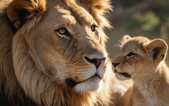 A Felidae organism, the Masai lion, and its cub, both Carnivores and terrestrial animals, are gazing at each other with their distinctive whiskers and adaptations for hunting in the grasslands