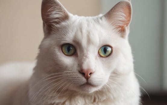 Closeup shot of a white Felidae cat with enchanting blue eyes, creating a serene yet captivating visual.