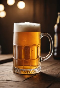 A beer glass filled with liquid is placed on a wooden table, part of the drinkware and serveware in a bar setting