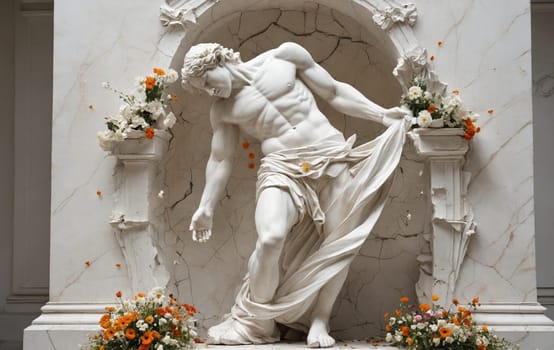 A sculpture of a man adorned with a flower headpiece, surrounded by vibrant flowers, displayed on a marble wall as a stunning monument of art in a building