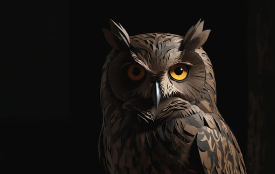 A closeup of an owl with piercing yellow eyes against a dark black background. This bird of prey belongs to the Accipitriformes order and is known for its exceptional vision in darkness