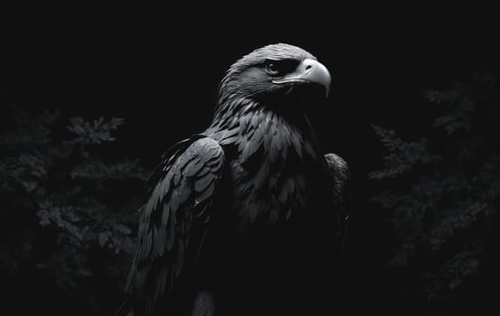 A black eagle, a species of bird of prey in the family Accipitridae, is perched in the dark with a tree in the background, showcasing its powerful beak, feathered wings, and terrestrial nature