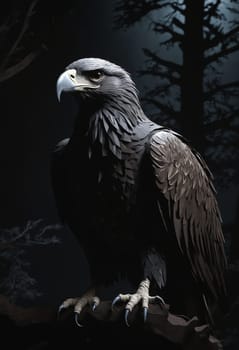 A majestic black eagle, a member of the Accipitridae family and Falconiformes order, is perched in the dark, staring directly at the camera with its sharp beak and intense gaze